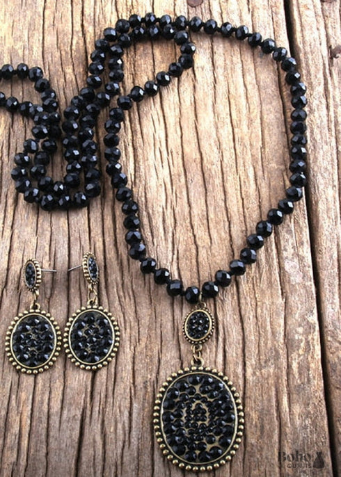 Boho Necklace, Jewelry Set, RH Crystal Black White Glass